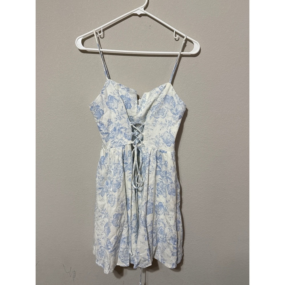 Altar'd State Floral‎ Mini Dress Womens L Blue White Lace Up Linen Toile Print